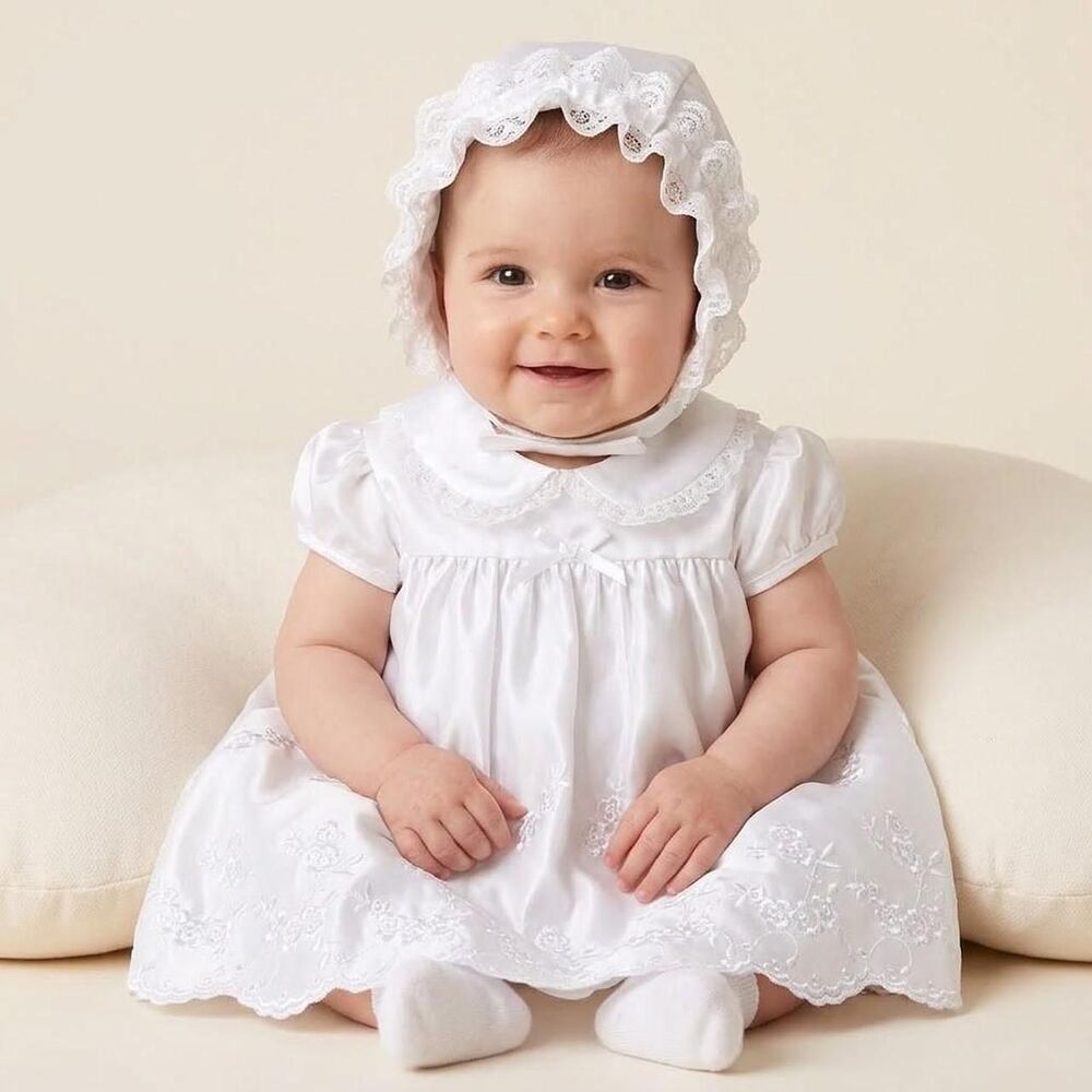 Vintage Baby White Satin & Lace Christening Dress Set with Bonnet 0 to12 Months)